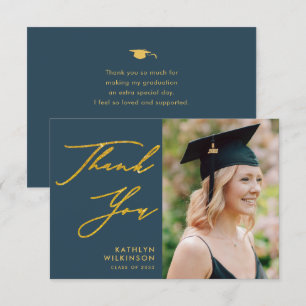 Elegant Gold Script Dusty Blue Simple Afstuderen Bedankkaart