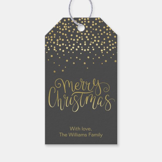 Elegant Gold Script en Confetti Black Kerstmis Cadeaulabel (Voorkant)