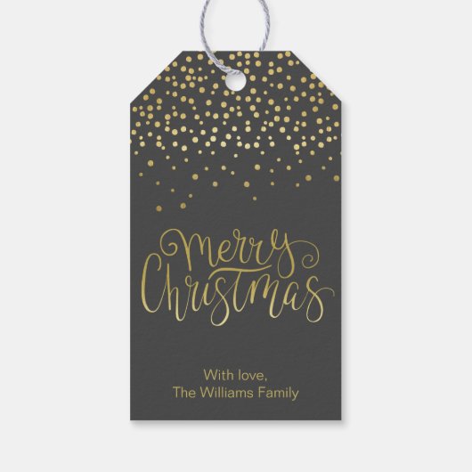 Elegant Gold Script en Confetti Black Kerstmis Cadeaulabel (Achterkant)