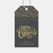 Elegant Gold Script en Confetti Black Kerstmis Cadeaulabel (Voorkant)