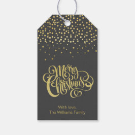 Elegant Gold Script en Confetti Black Kerstmis Cadeaulabel