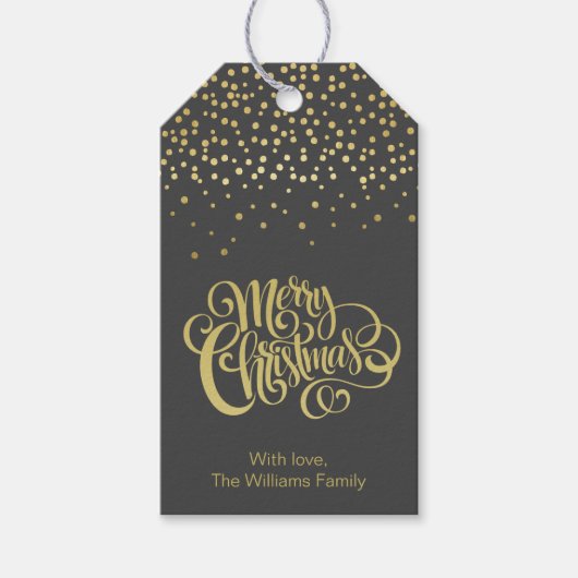 Elegant Gold Script en Confetti Black Kerstmis Cadeaulabel (Voorkant)