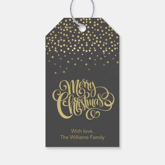 Elegant Gold Script en Confetti Black Kerstmis Cadeaulabel (Achterkant)