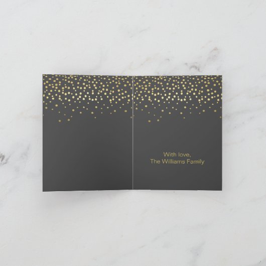 Elegant Gold Script en Confetti Black Kerstmis Feestdagen Kaart (Binnen)