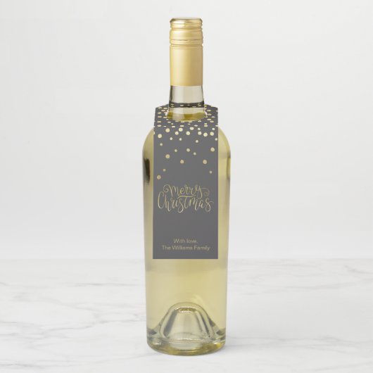 Elegant Gold Script en Confetti Black Kerstmis Flessenhanger (Op fles)