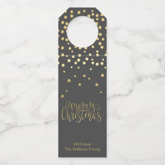 Elegant Gold Script en Confetti Black Kerstmis Flessenhanger (Voorkant)