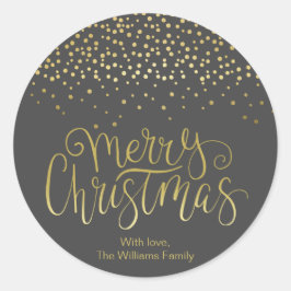 Elegant Gold Script en Confetti Black Kerstmis Ronde Sticker