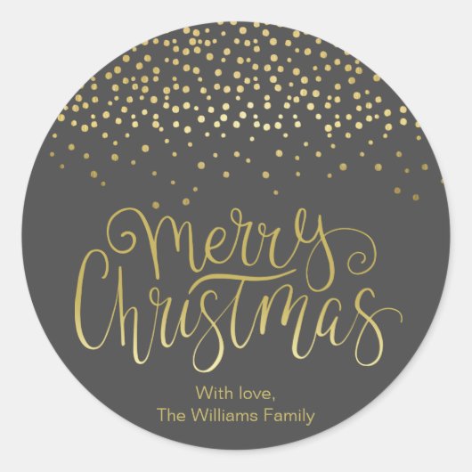 Elegant Gold Script en Confetti Black Kerstmis Ronde Sticker (Voorkant)