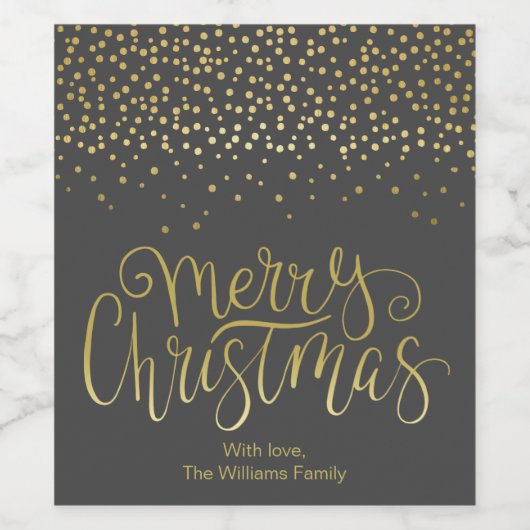 Elegant Gold Script en Confetti Black Kerstmis Wijn Etiket