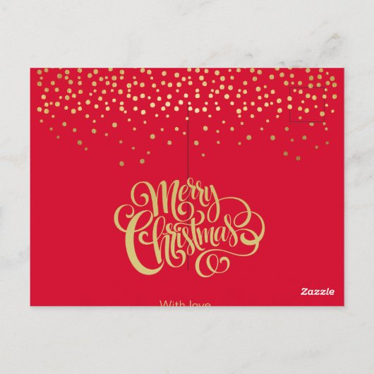 Elegant Gold Script en Confetti Red Kerstmis Briefkaart (Achterkant)