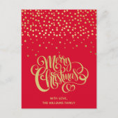 Elegant Gold Script en Confetti Red Kerstmis Briefkaart (Voorkant)