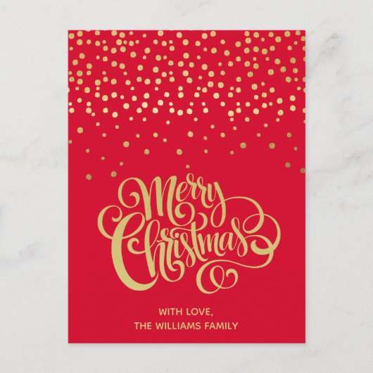 Elegant Gold Script en Confetti Red Kerstmis Briefkaart (Voorkant)