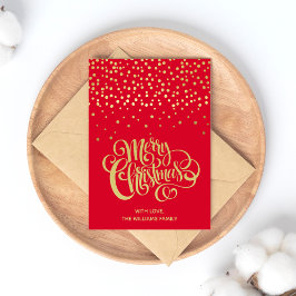 Elegant Gold Script en Confetti Red Kerstmis Briefkaart