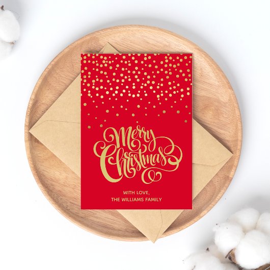 Elegant Gold Script en Confetti Red Kerstmis Briefkaart