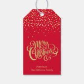 Elegant Gold Script en Confetti Red Kerstmis Cadeaulabel (Voorkant)