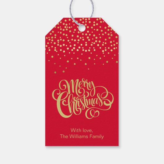 Elegant Gold Script en Confetti Red Kerstmis Cadeaulabel (Achterkant)