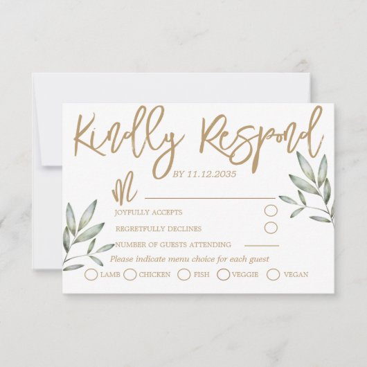 Elegant Gold Script en Sage Green Foliage Wedding RSVP Kaartje (Voorkant)