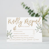 Elegant Gold Script en Sage Green Foliage Wedding RSVP Kaartje (Staand voorkant)