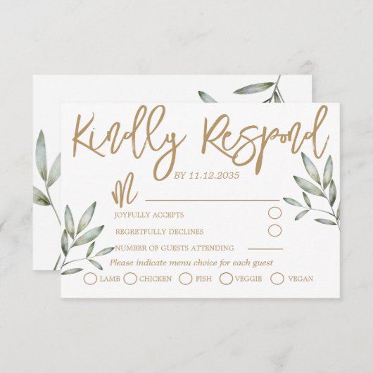 Elegant Gold Script en Sage Green Foliage Wedding RSVP Kaartje (Voorkant / Achterkant)