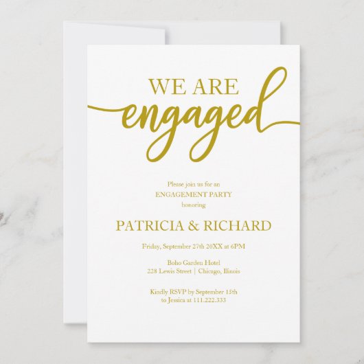 Elegant Gold Script Engagement Party Kaart (Voorkant)