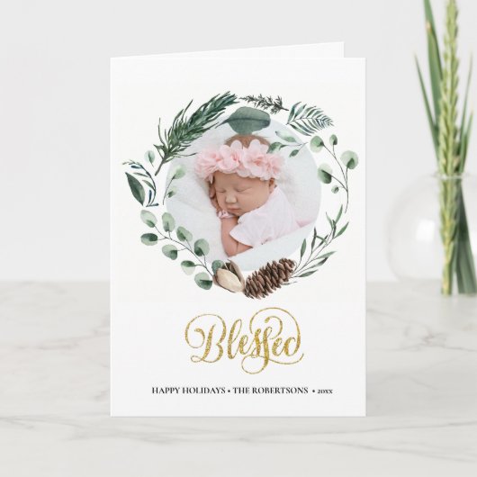 Elegant Gold Script Eucalyptus Foliage Greenery Feestdagen Kaart (Voorkant)