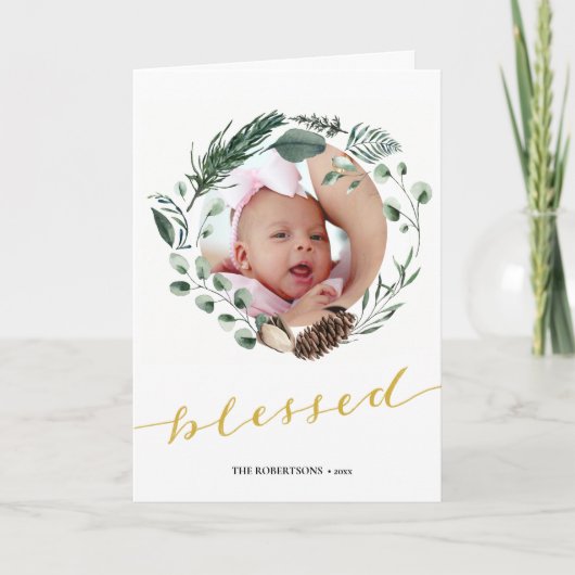 Elegant Gold Script Eucalyptus Foliage Greenery Feestdagen Kaart (Voorkant)