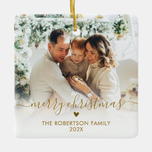 Elegant Gold Script Family Photo Merry Christmas   Keramisch Ornament (Voorkant)