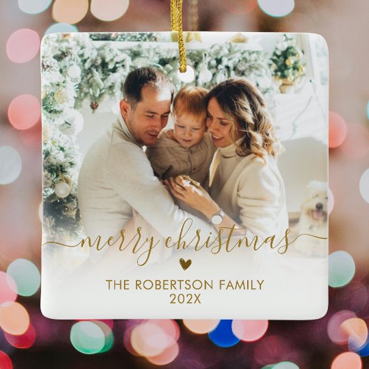 Elegant Gold Script Family Photo Merry Christmas   Keramisch Ornament