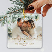 Elegant Gold Script Family Photo Merry Christmas   Keramisch Ornament