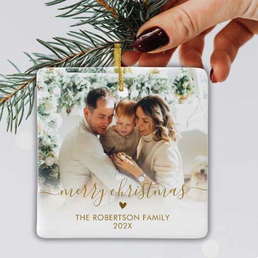 Elegant Gold Script Family Photo Merry Christmas Keramisch Ornament