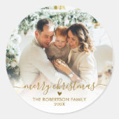 Elegant Gold Script Family Photo Merry Christmas  Ronde Sticker (Voorkant)
