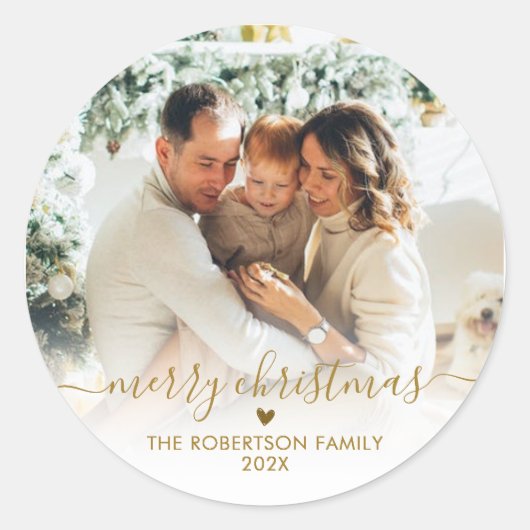 Elegant Gold Script Family Photo Merry Christmas Ronde Sticker (Voorkant)