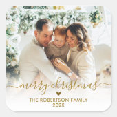 Elegant Gold Script Family Photo Merry Christmas Vierkante Sticker (Voorkant)