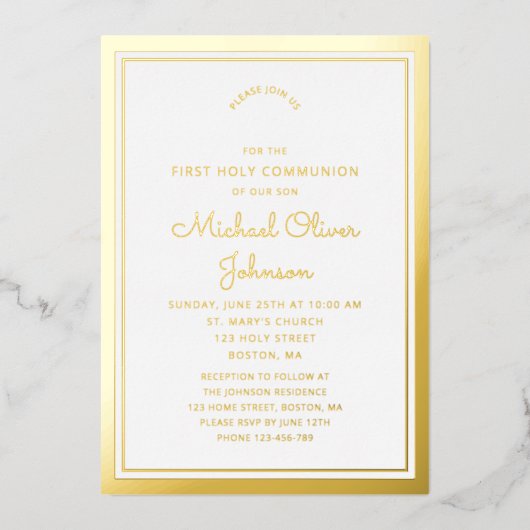 Elegant Gold Script First Community Folie Uitnodiging (Voorkant)