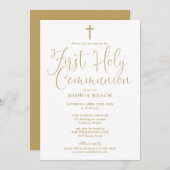 Elegant Gold Script First Heilige Communie Save The Date (Voorkant / Achterkant)