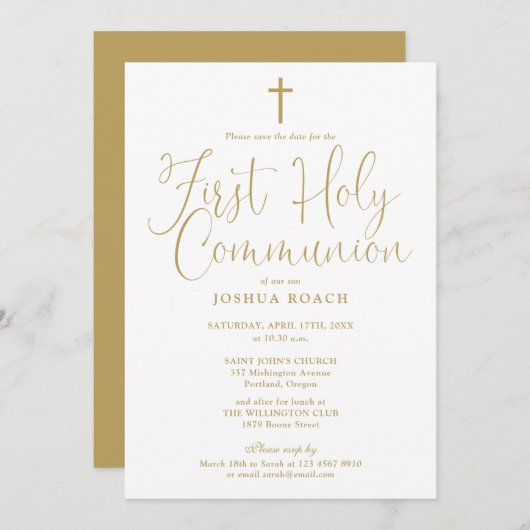 Elegant Gold Script First Heilige Communie Save The Date (Voorkant / Achterkant)
