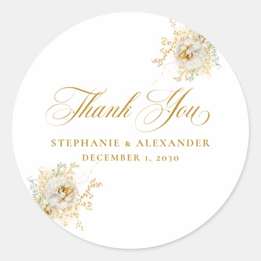 Elegant Gold Script Floral Wedding Ronde Sticker (Voorkant)