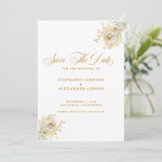 Elegant Gold Script Floral Wedding Save The Date (Staand voorkant)