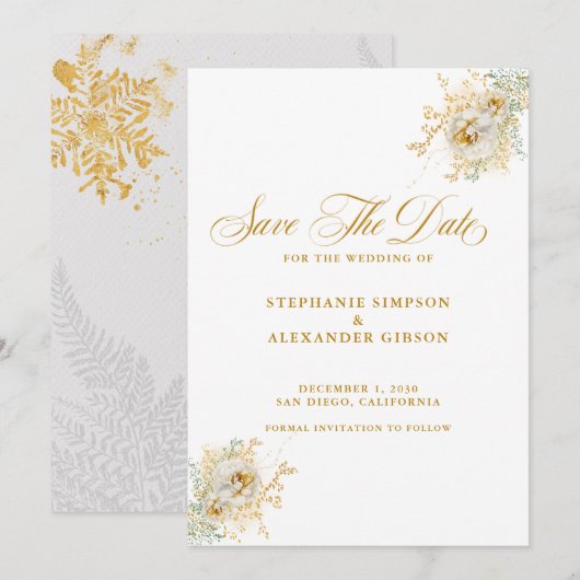 Elegant Gold Script Floral Wedding Save The Date (Voorkant / Achterkant)