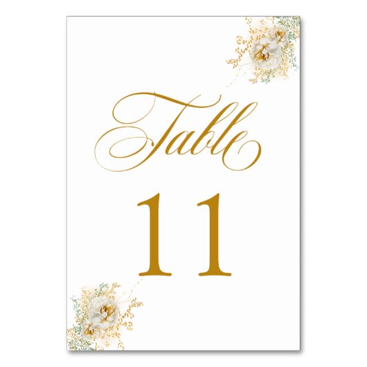 Elegant Gold Script Floral Wedding Table Number 11 Kaart (Voorkant)
