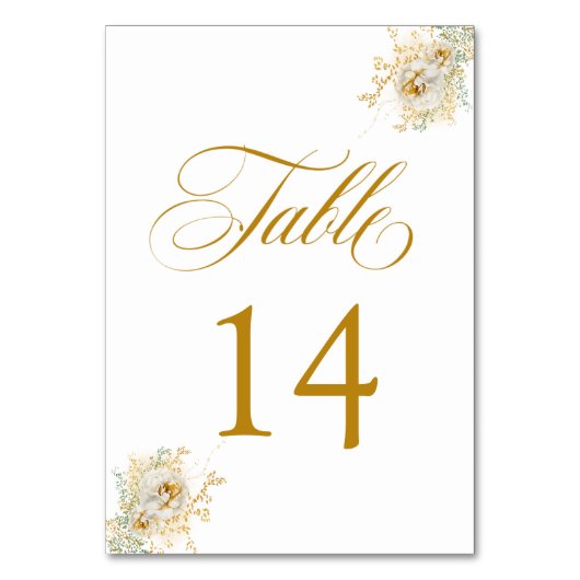 Elegant Gold Script Floral Wedding Table Number 14 Kaart (Voorkant)