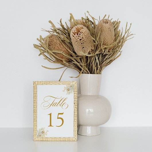 Elegant Gold Script Floral Wedding Table Number 15 Kaart