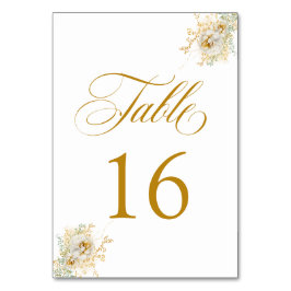 Elegant Gold Script Floral Wedding Table Number 16 Kaart