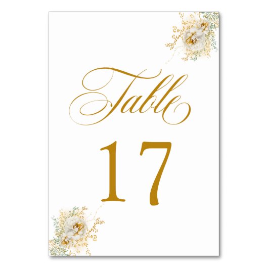 Elegant Gold Script Floral Wedding Table Number 17 Kaart (Voorkant)