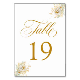 Elegant Gold Script Floral Wedding Table Number 19 Kaart