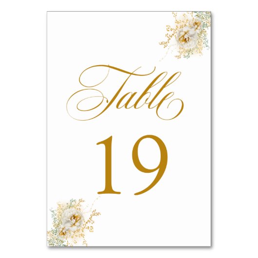 Elegant Gold Script Floral Wedding Table Number 19 Kaart (Voorkant)