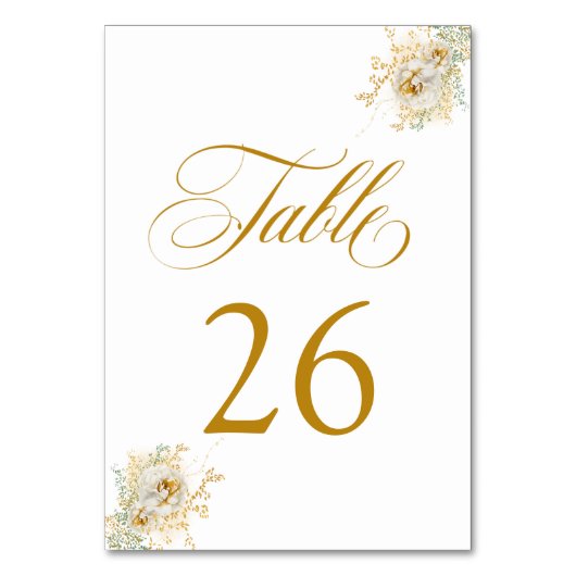 Elegant Gold Script Floral Wedding Table Number 26 Kaart (Voorkant)