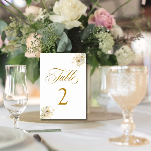 Elegant Gold Script Floral Wedding Table Number 2 Kaart