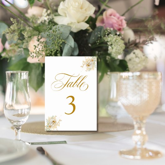 Elegant Gold Script Floral Wedding Table Number 3 Kaart