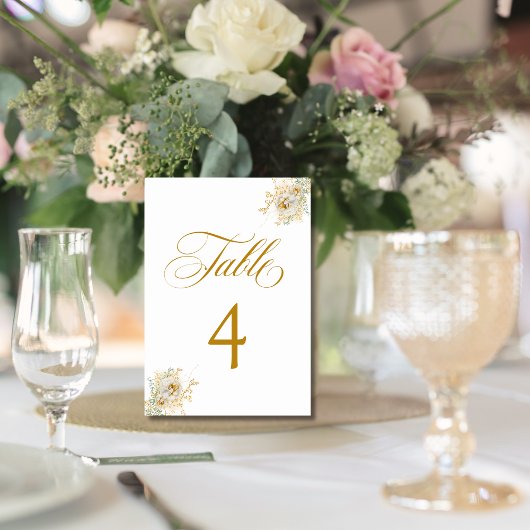 Elegant Gold Script Floral Wedding Table Number 4 Kaart